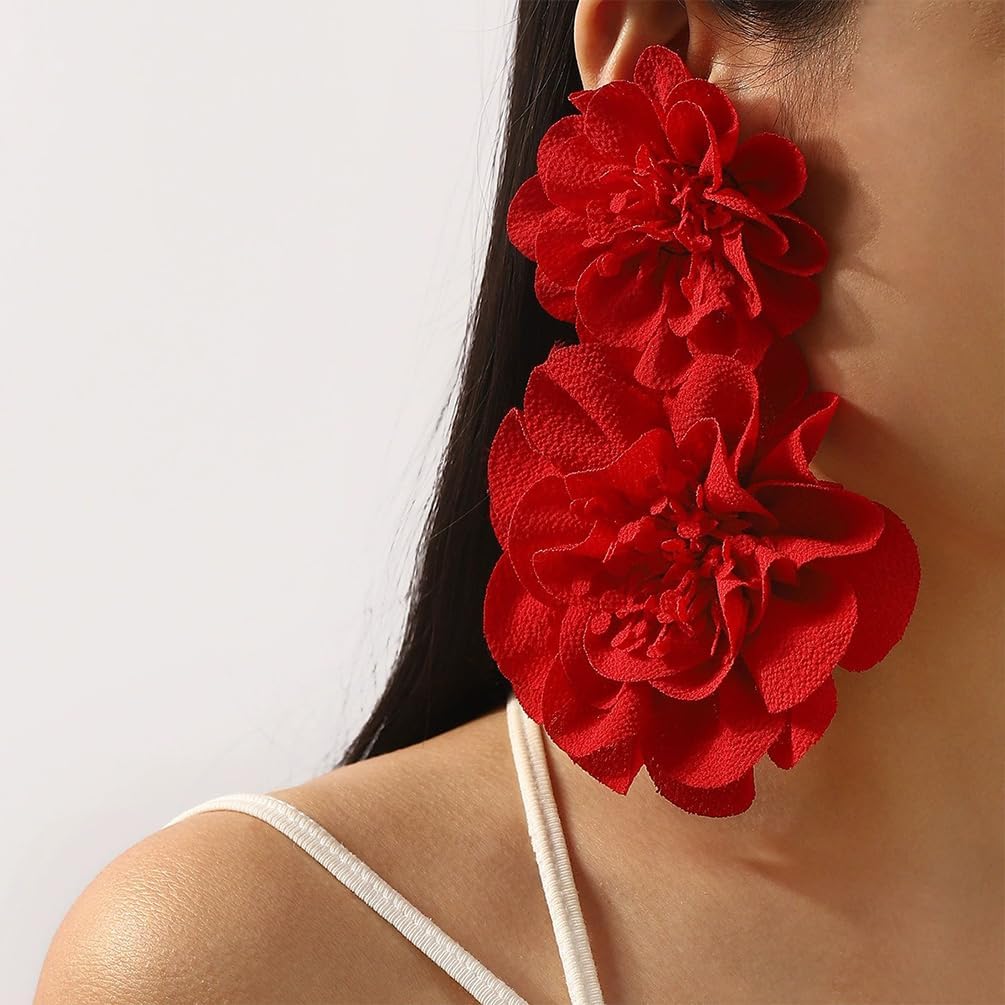 Statement Oversized Red White Double Fabric Flower Dangle Drop Earrings for Women, Charm Boho Floral Dangling Earring Bold Party Prom Vacation Jewelry Gift - Image 3