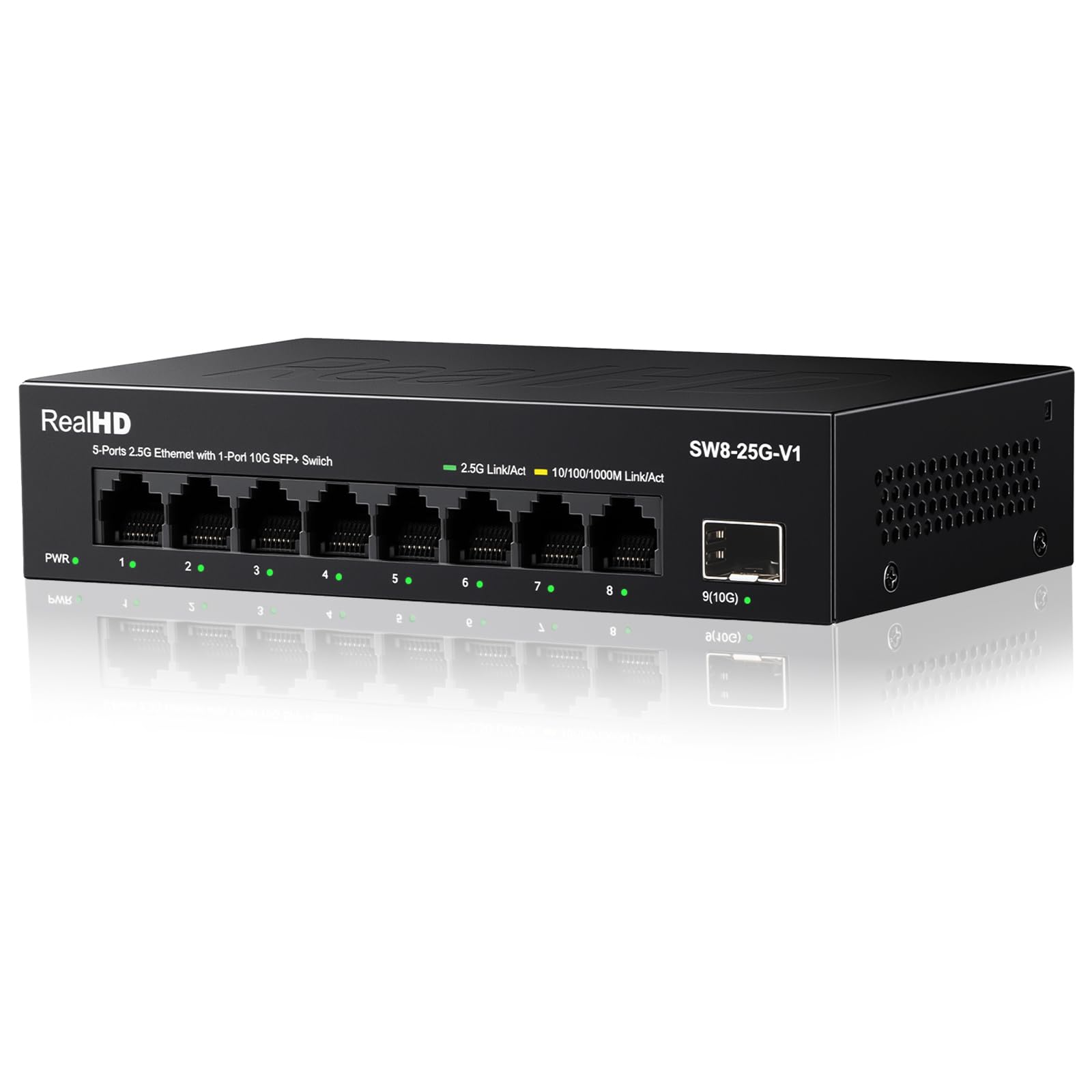 Real HD 8 Port 2.5G Ethernet Switch Unmanaged Network Switch with 8 x 2.5 Gigabit | 1 x 10G SFP+ | Work with 10-100-1000Mbps Devices | 60G Bandwidth | Plug & Play | Fanless Quiet Metal Internet Switch