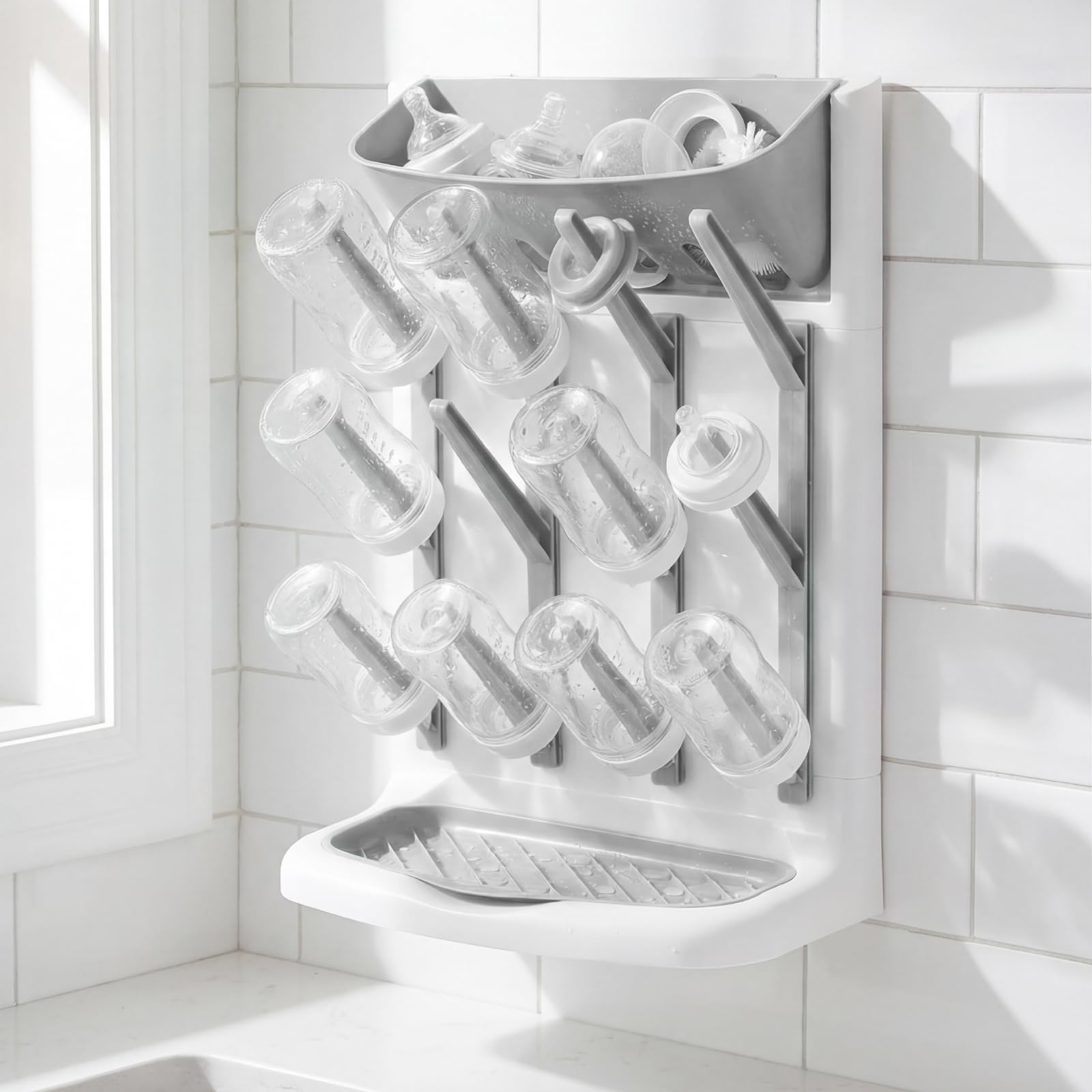 Alongen Wall Mounted Baby Bottle Drying Rack with Suction Cups, Grey