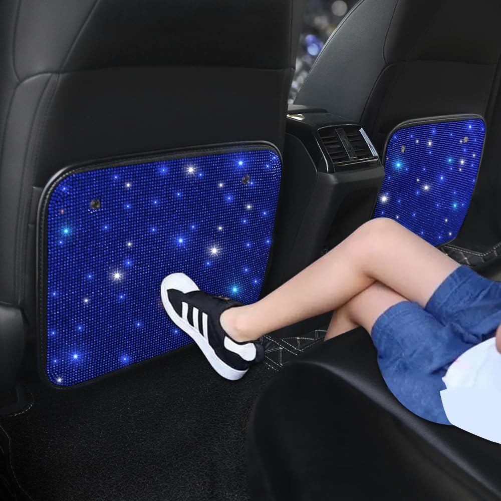 Bling Rhinestone Kick Mats Back Car Seat Protectors Premium Car Interior Decor Accessories for Women and Girls Auto Seat Back Protector with Crystal Diamonds Universal Fits Stylish Blue 2Pcs