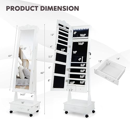 Miniatura 8 de GOFLAME Armario de joyería independiente organizador de joyas con cerradura con ángulo ajustable de 3 posiciones ruedas espejo de longitud completa