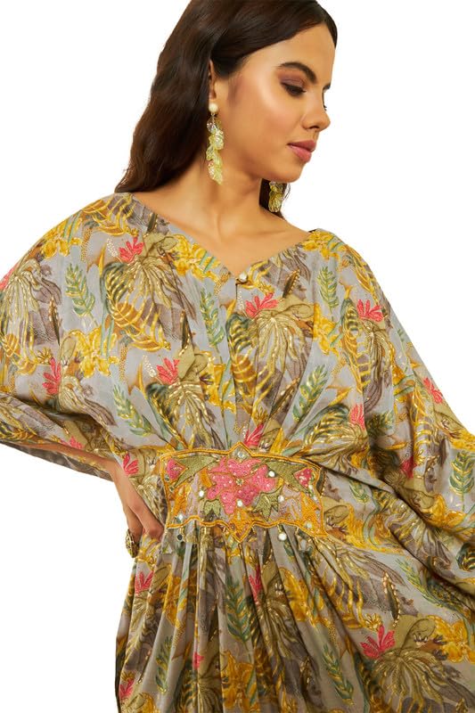 Image of Soch Womens Dark Grey Muslin Floral Foil Print V-Neck Kaftan