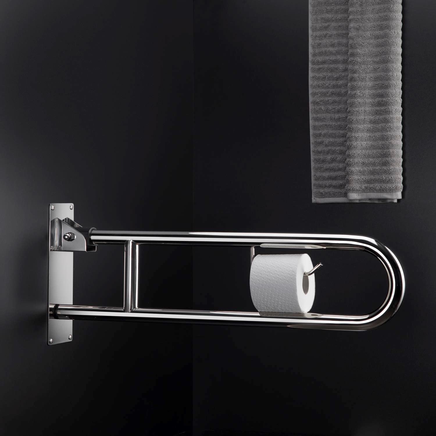 COSMIC - Asidero Baño Abatible con Portarrollos | Acabado Cromado | Fácil Instalación con Tornillos | Medidas 75 x 10 x 30 cm