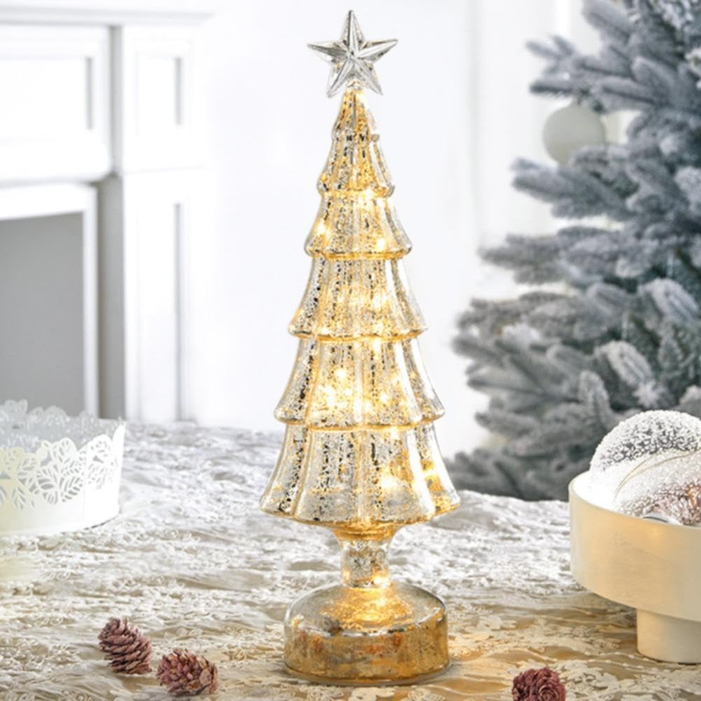 Árbol de Navidad de cristal de mercurio LED, funciona con pilas con temporizador, decoración de mesa iluminada para centro de mesa de vacaciones, 10.6 pulgadas