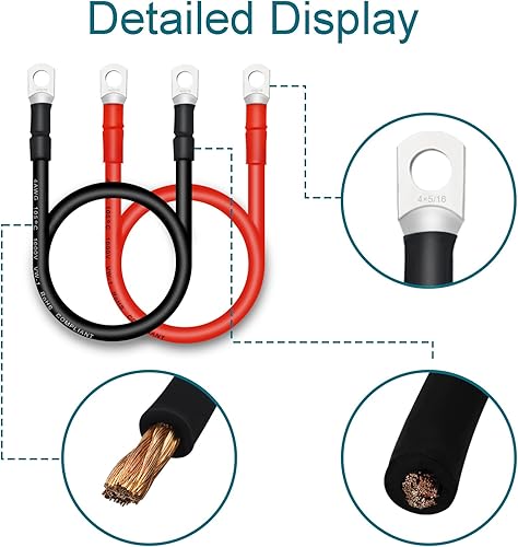 Miniatura 166 de Cables de batería 4 AWG con terminales de cobre de 3/8 pulgadas (2 piezas de 1 pie)