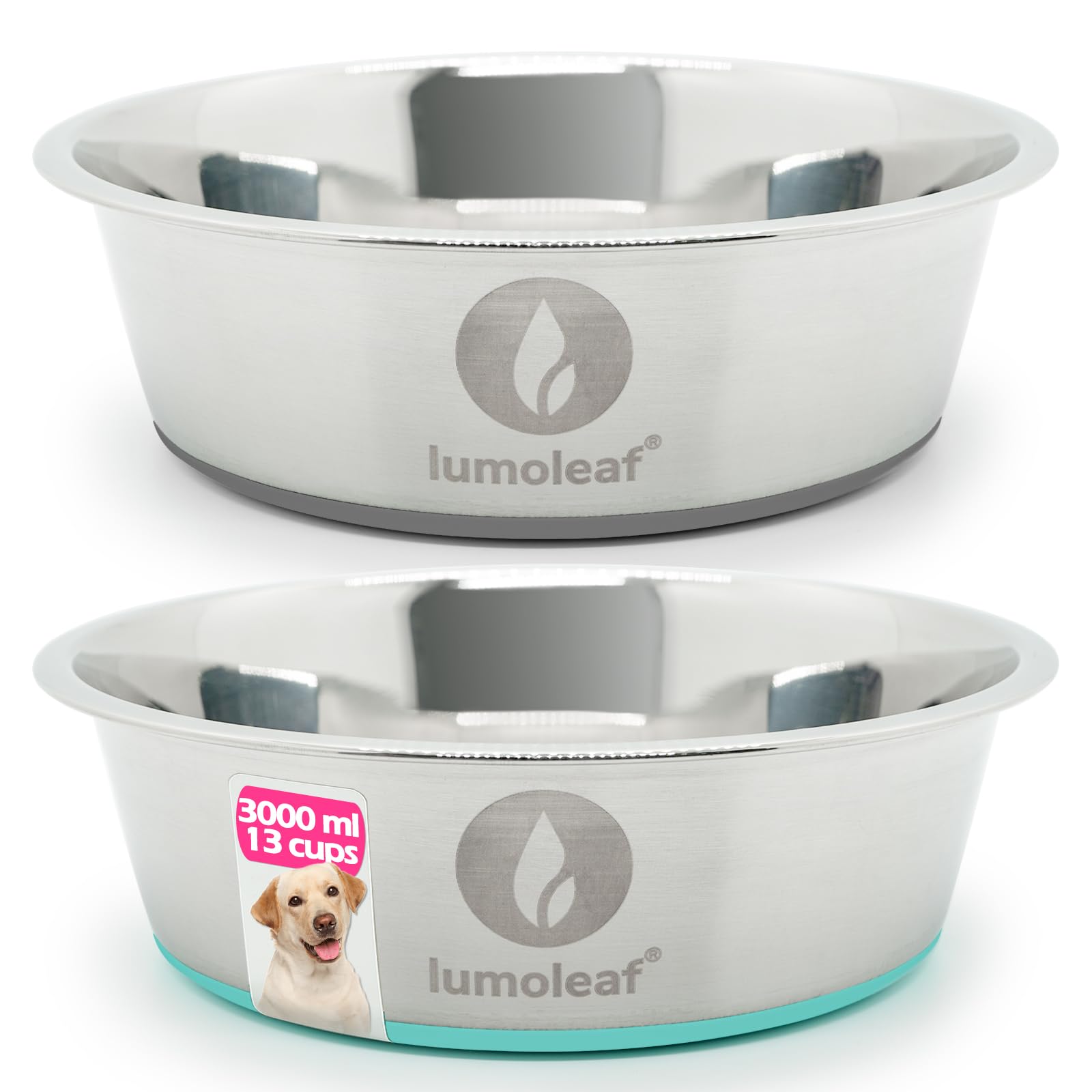 LumoLeaf Ciotole per cani grandi in acciaio inox da 2,9 oz/13 tazze, confezione da 2 ciotole per acqua e cibo, piatti antiscivolo per animali domestici con fondo in gomma, ciotole per animali