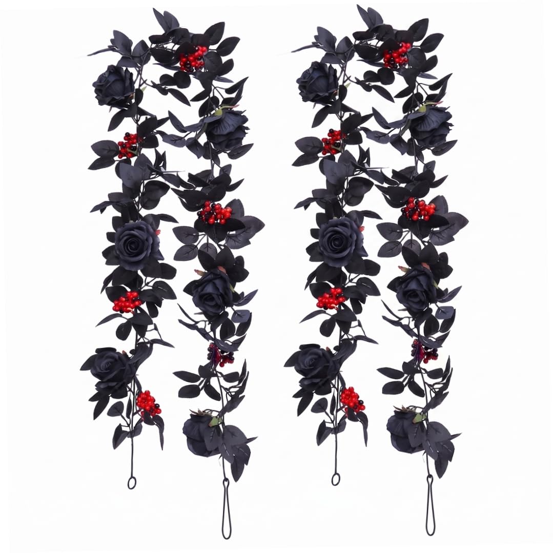 Sjfbebsy 2pcs Black Floral Garland, Rose Garland - Flexible Flower Vines For Halloween & Gothic Wedding Decor Style 1