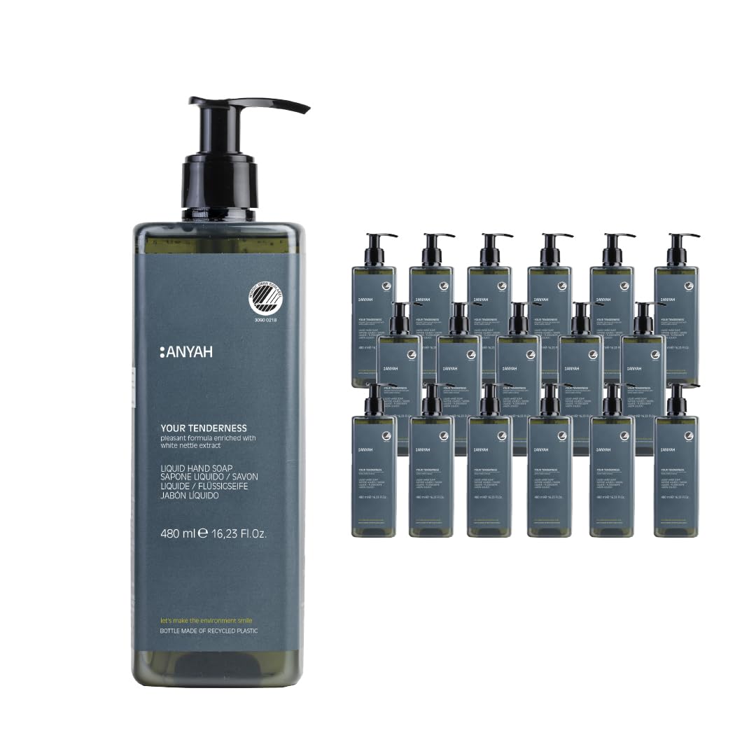 ANYAH Sapone Liquido per Mani 18 x 480ml – Idratazione e Cura Completa per Mani Secche, Certificato Nordic Ecolabel, Formula Eco-Friendly, Senza Siliconi e Alcool, 100% Riciclato - Non Ricaricabile