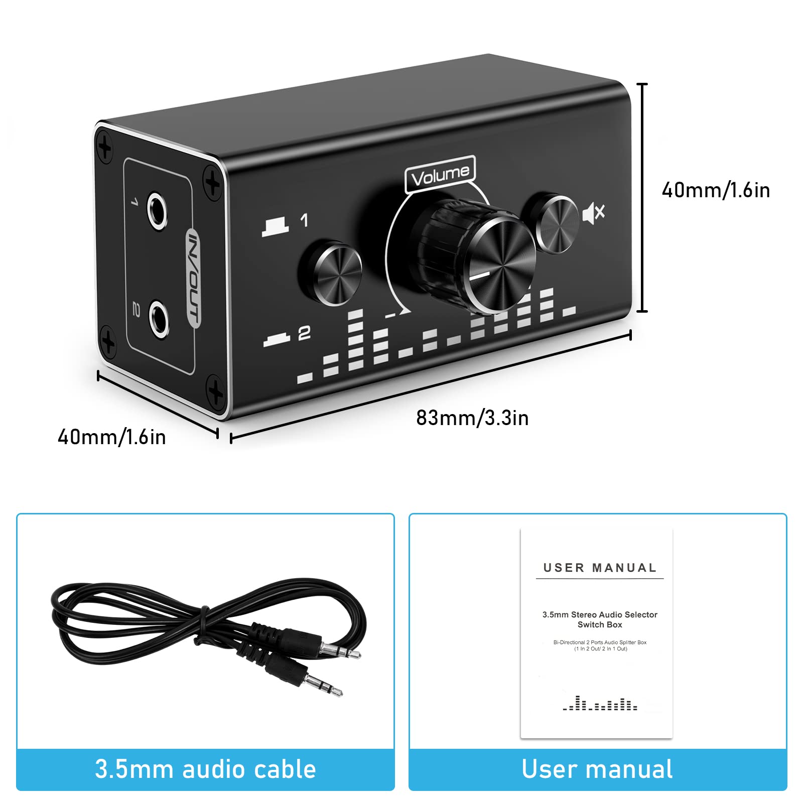Tendak Dwukierunkowy 3.5mm Jack Audio Przełącznik Selector 2 In 1 Out/1 In 2 out Analogowy Stereo Audio Przełącznik z głośnością Kontrola, Rozdzielacz Audio Box dla głośników Zestaw słuchawkowy PC