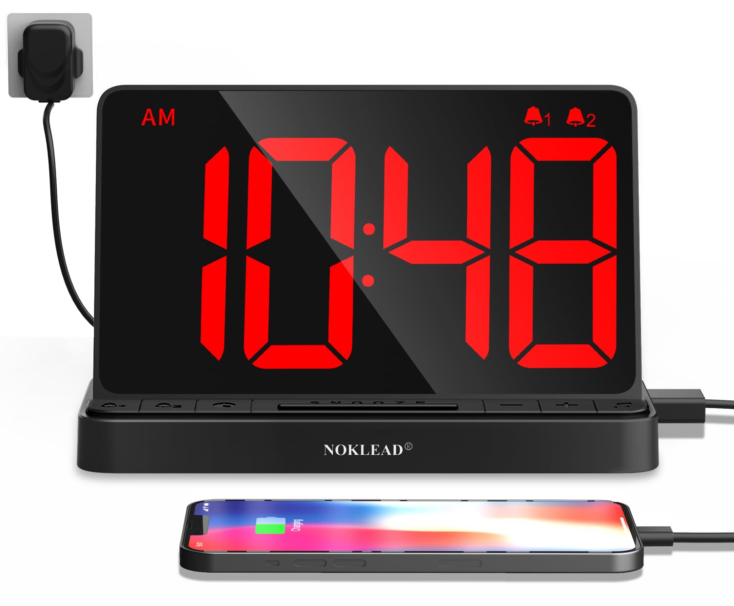 NOKLEAD Digital Alarm Clock with Large 6.5" RGB Colour Changing Display, Mains Powered Bedside Clock with USB Charger, Full Dimmer, Dual Alarm & Snooze for Bedroom