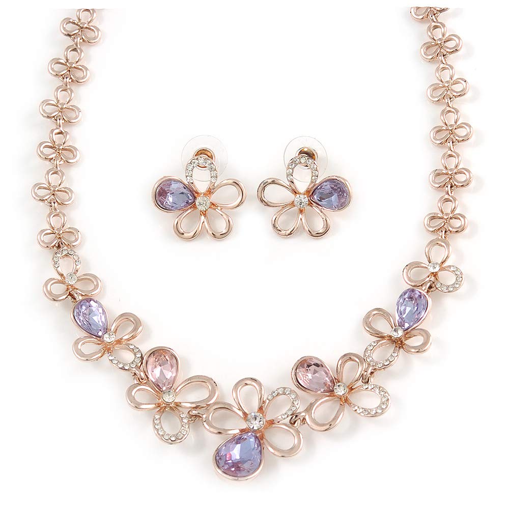 Avalaya Set di collana e orecchini a perno con fiore aperto in cristallo rosa/ametista, in metallo oro rosa, lunghezza 40 cm, estensione 9 cm
