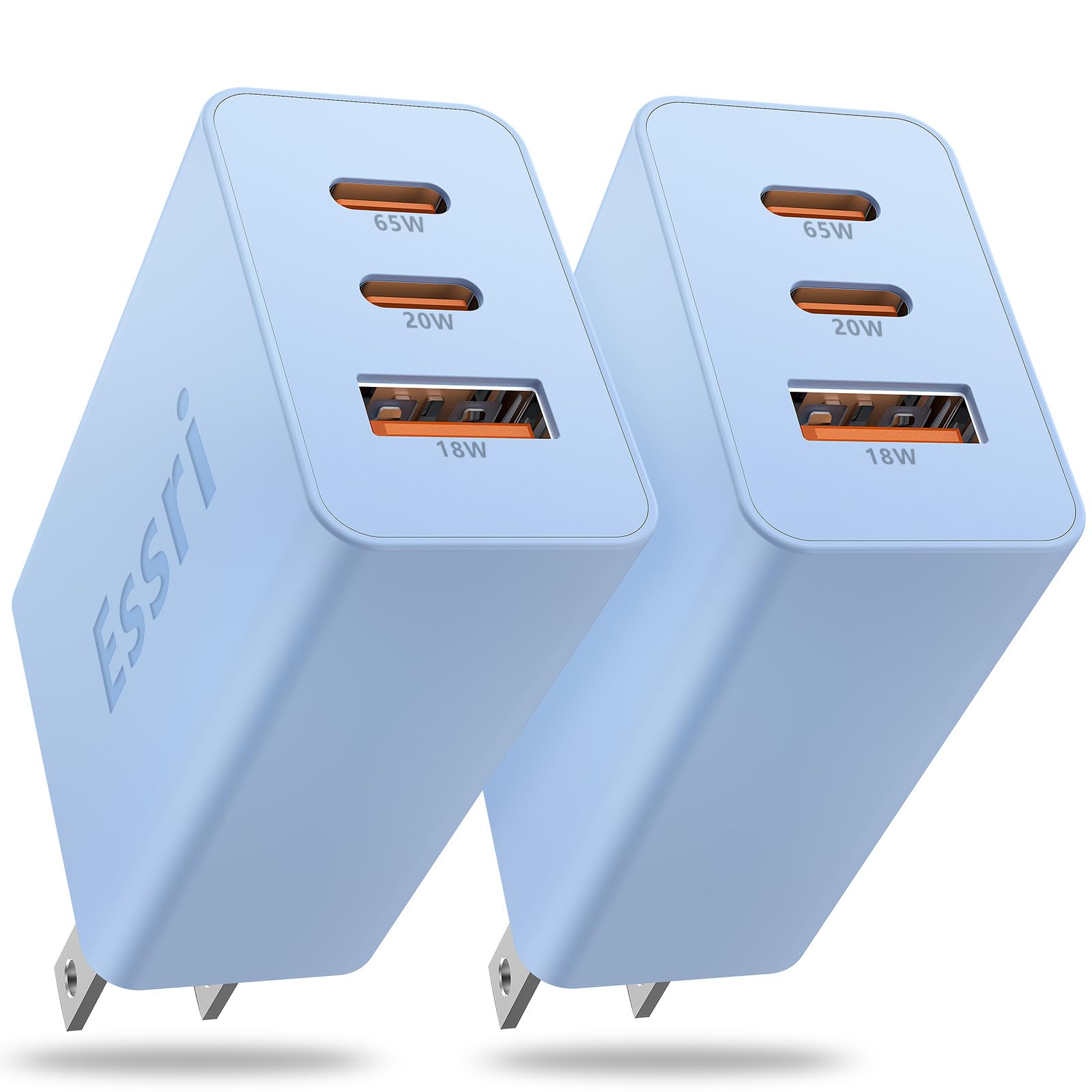 Essri 2-Pack 100W USB C Charger Block, 3-Port PD 3.0 Fast Charging Wall Plug Power Adapter with 65W Type C Ports for iPhone 17/16/15/14/13 Pro Max,for iPad Pro/Air/Mini,Galaxy S25 / S24 and More-Blue