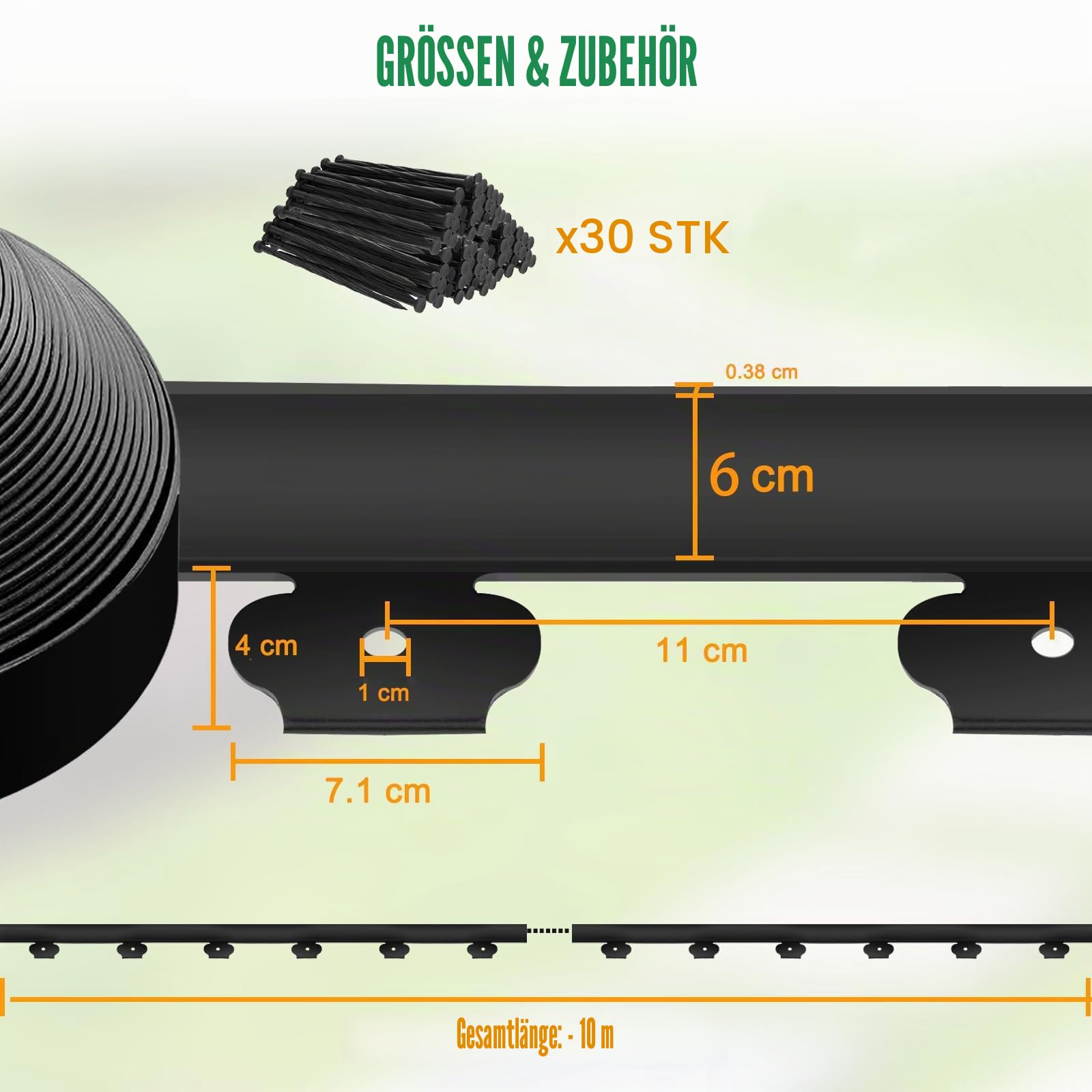 6 cm Höhe x 10 m Landschaftseinfassung mit 30 Verankerungsspießen, Gartenumrandungs-Set, Kunststoffeinfassung, Flexible Umrandung für Garten, Blumenbeete, Rasen, Hof, Pflasterstein(Schwarz, 10M)