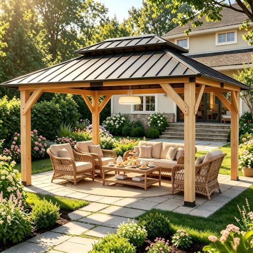 GUNJI 10' x 12' Wooden Gazebo,Patio Hardtop Gazebo Wood,DIY Color Permanent Pavilion with Galvanized Steel Double Metal Roof for Backyard, Deck(Windproof, Snow-Load Bearing, Waterproof, Rustproof)