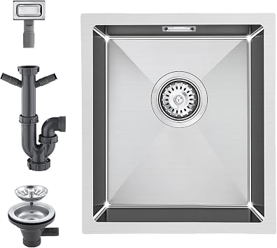Small Kitchen Sink 35 x 40 cm, Undermount or Topmount Fitting into Kitchen Sink with Overflow, 1 Bowl, 304 Stainless Steel Brushed