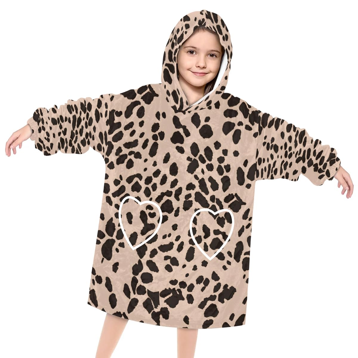 Wearable Blanket Hoodie for Kids, Stylish Leopard Print Fleece Sweatshirt Blanket Oversized Blanket Sweatshirt with Pocket Flannel Warm Hooded Blanket 6-10 Year Old Girl Boy Gift, One Size