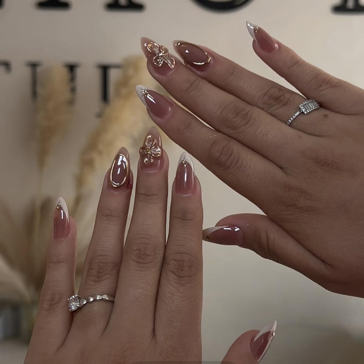 French Tip Almond Press On Nails With 3d Gild Cross Charms Kit_voghion.com