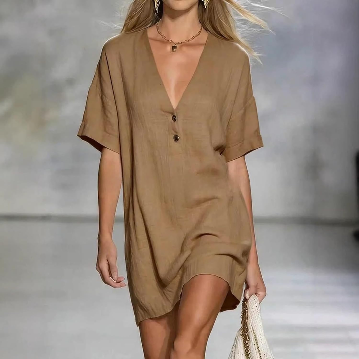 Aoleaky Women's Short Sleeve V Neck Linen Dress, Casual Loose Fit Summer Dress