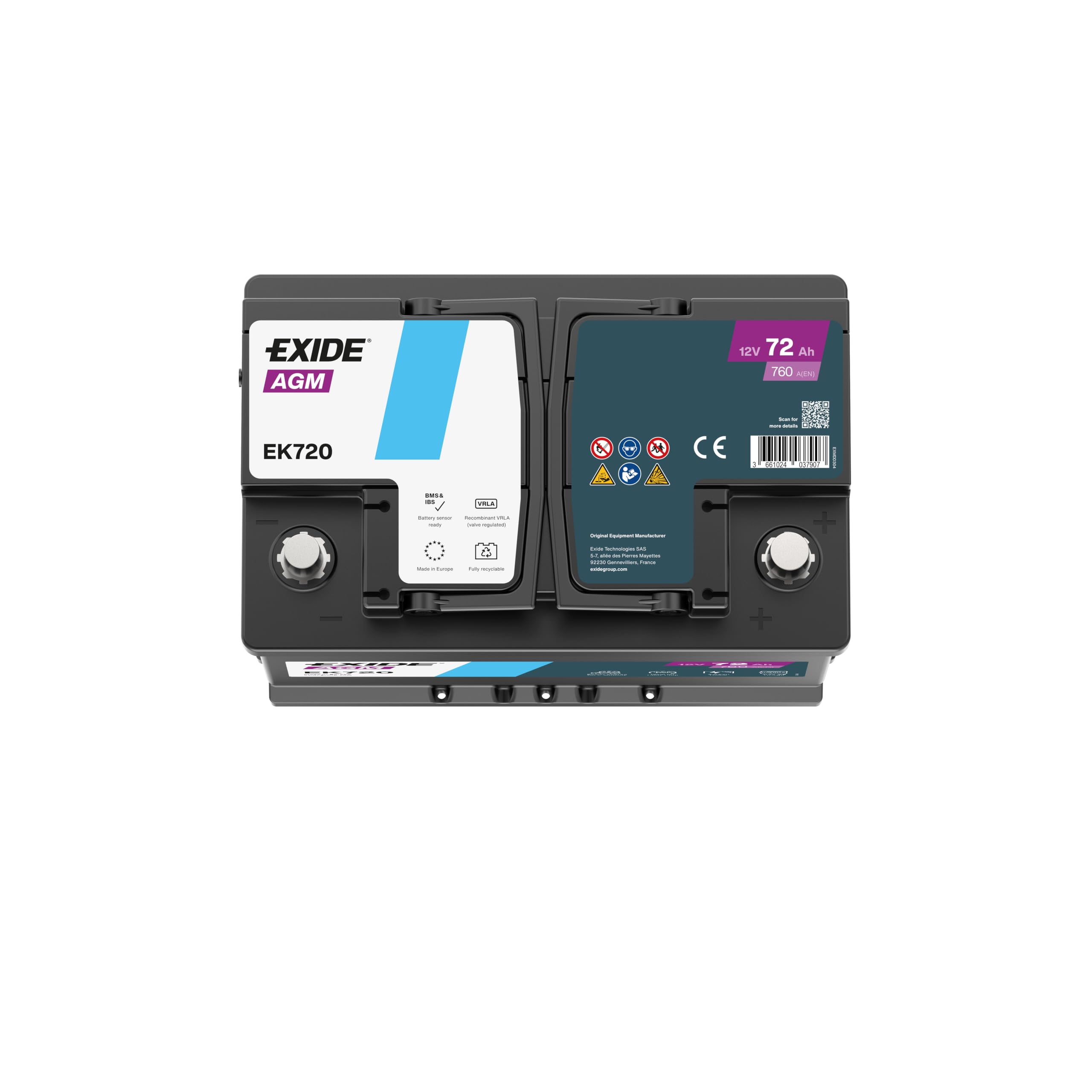 EXIDE EK720 STOP & START AGM Starterbatterie 72Ah 12V 760A AGM DIN/ISO L3