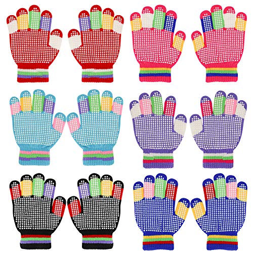 QKURT 6 Pairs Kids Anti-skid Knit Gloves, Winter Warm Stretchy Gloves Unisex Stretch Mittens for 5~8 Years Old Boys and Girls