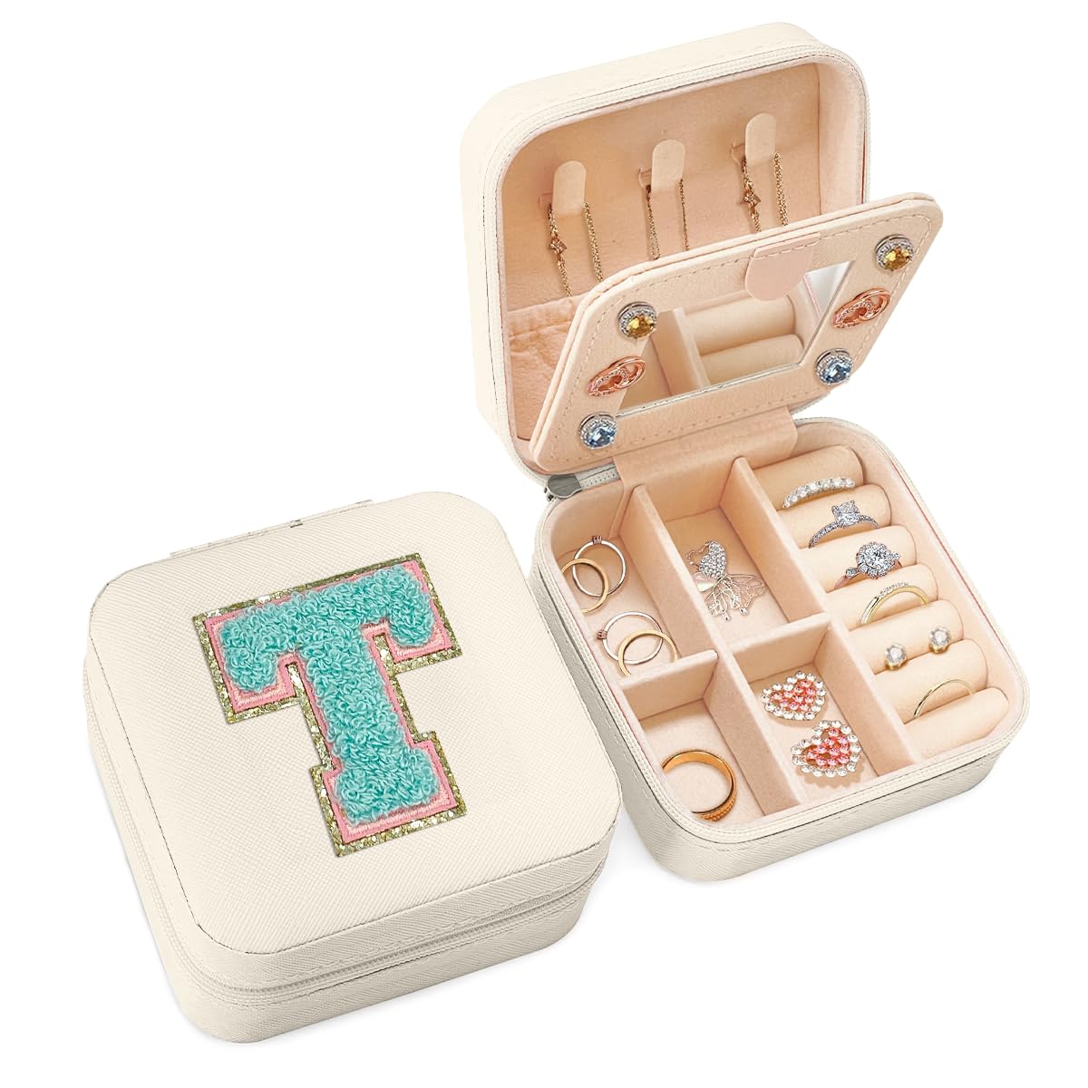 SANDJEST Personalized Jewelry Box, White Travel Jewelry Box with Initial T, Small Monogrammed Jewelry Case Organizer for Girls Women Teen Kids, Mini