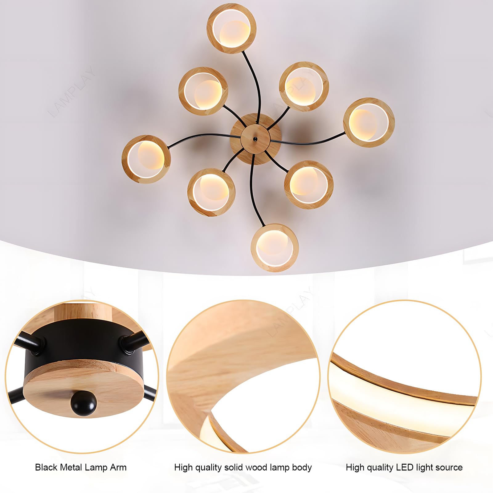 Lampada Da Soffitto Moderna A LED, Lampadario Ø114cm Dimmerabile Con Telecomando 3000K-6000K, Braccio Nero + 8 Anelli In Legno, Paralume In Metallo, Soggiorno Camera Da Letto Sala Da Pranzo
