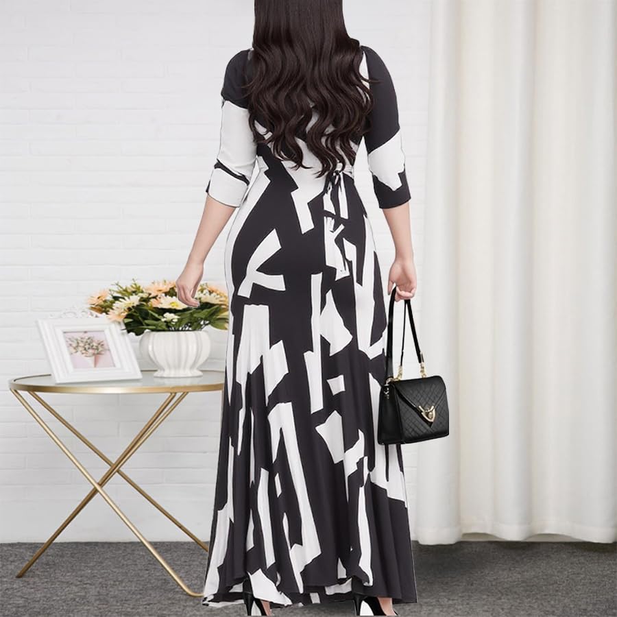 Image of CaniBtr Maxi Dresses for Women Plus Size 3 /4 Sleeve Long Dress with Belt
