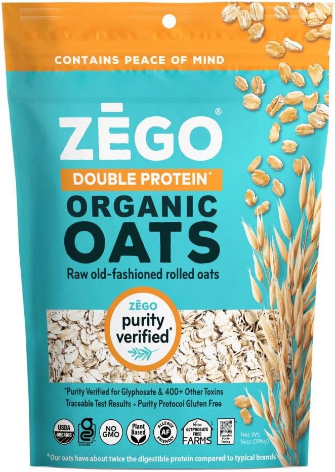 ZEGO Gluten Free Organic Raw Rolled Oats - Double Protein Old Fashioned Oatmeal - COOKING REQUIRED (14 oz)