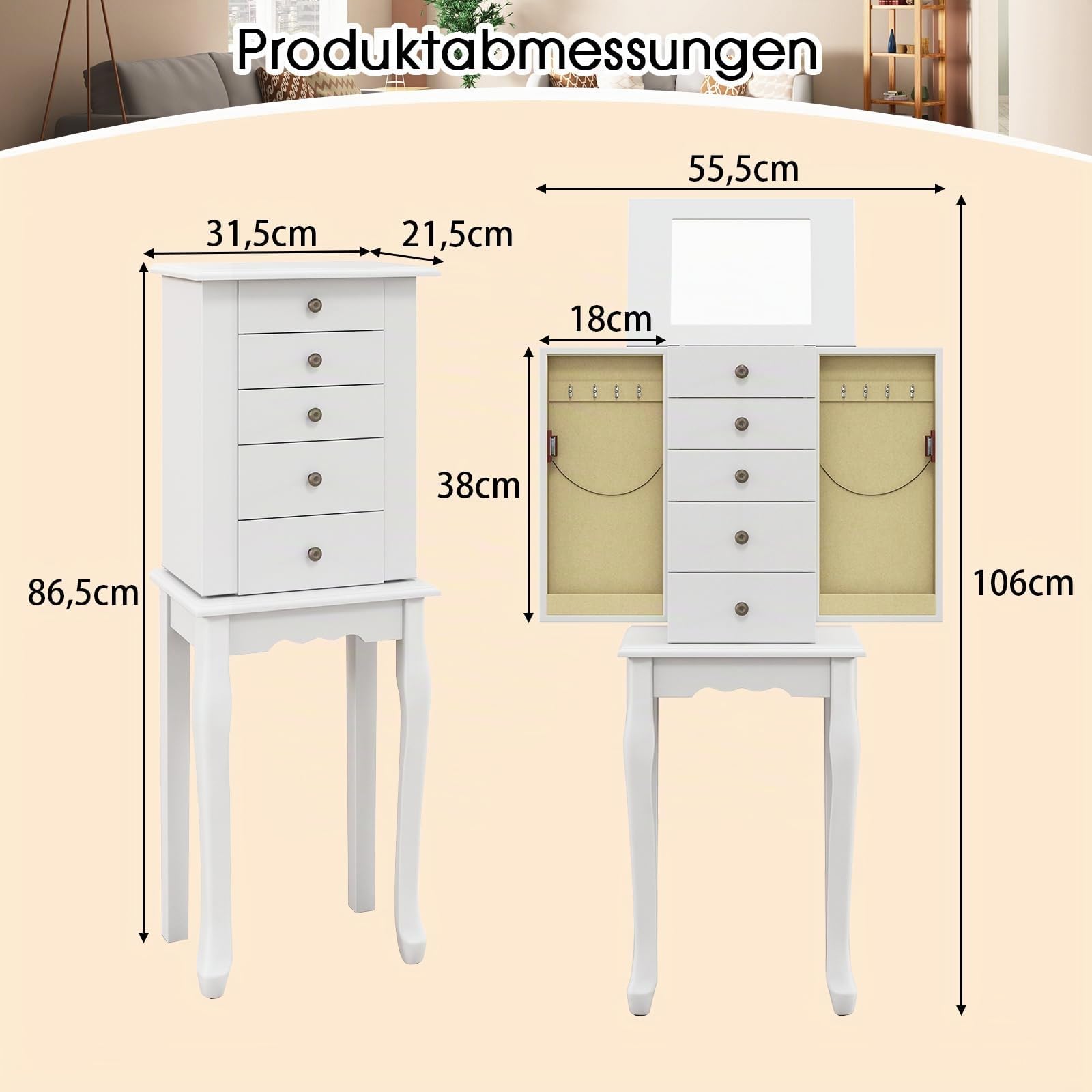 COSTWAY Schmuckschrank mit Spiegel, Schmuckkästchen mit Schubladen & Griffen & 8 Haken, Schmuckkommode mit Massivholzbeinen & Klapptüren, Aufbewahrungsschrank für Schmuck, Weiß