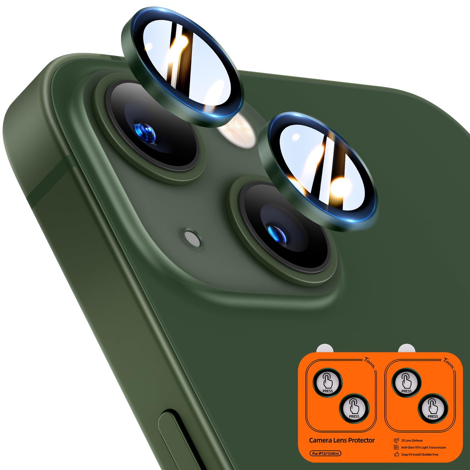 TOCOL Camera Lens Protector for iPhone 13 / iPhone 13 Mini Tempered Glass HD Individual Scratch Resistant Camera Cover Accessories Case Friendly 2 Pack（Alpine Green）