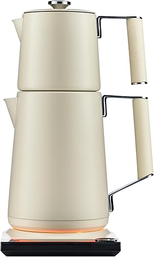 SAKI TeaSmart - Tetera eléctrica turca, tetera eléctrica doble de 110 V, juego de té turco sin BPA de acero inoxidable 304, indicador LED, apagado
