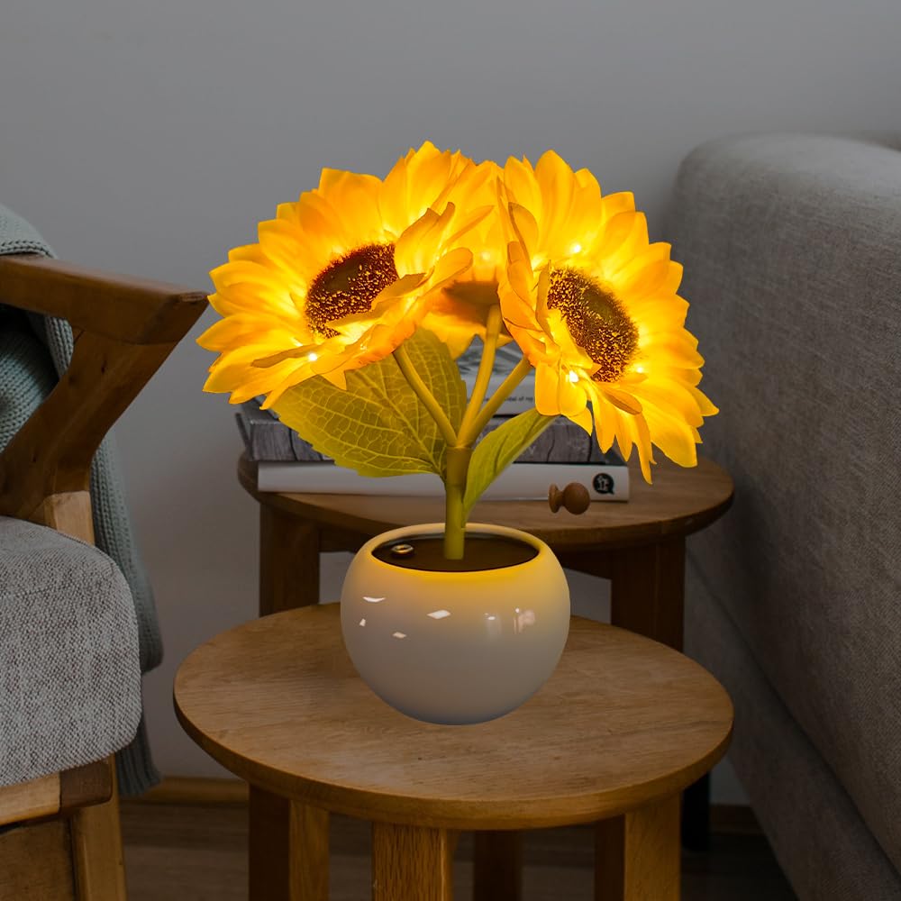 Lampada da Tavolo Girasole con Vaso in Ceramica Simulazione Fiore Luce d'Ambiente USB Ricaricabile Ornamenti per La Casa Soggiorno Matrimonio Desktop Decor
