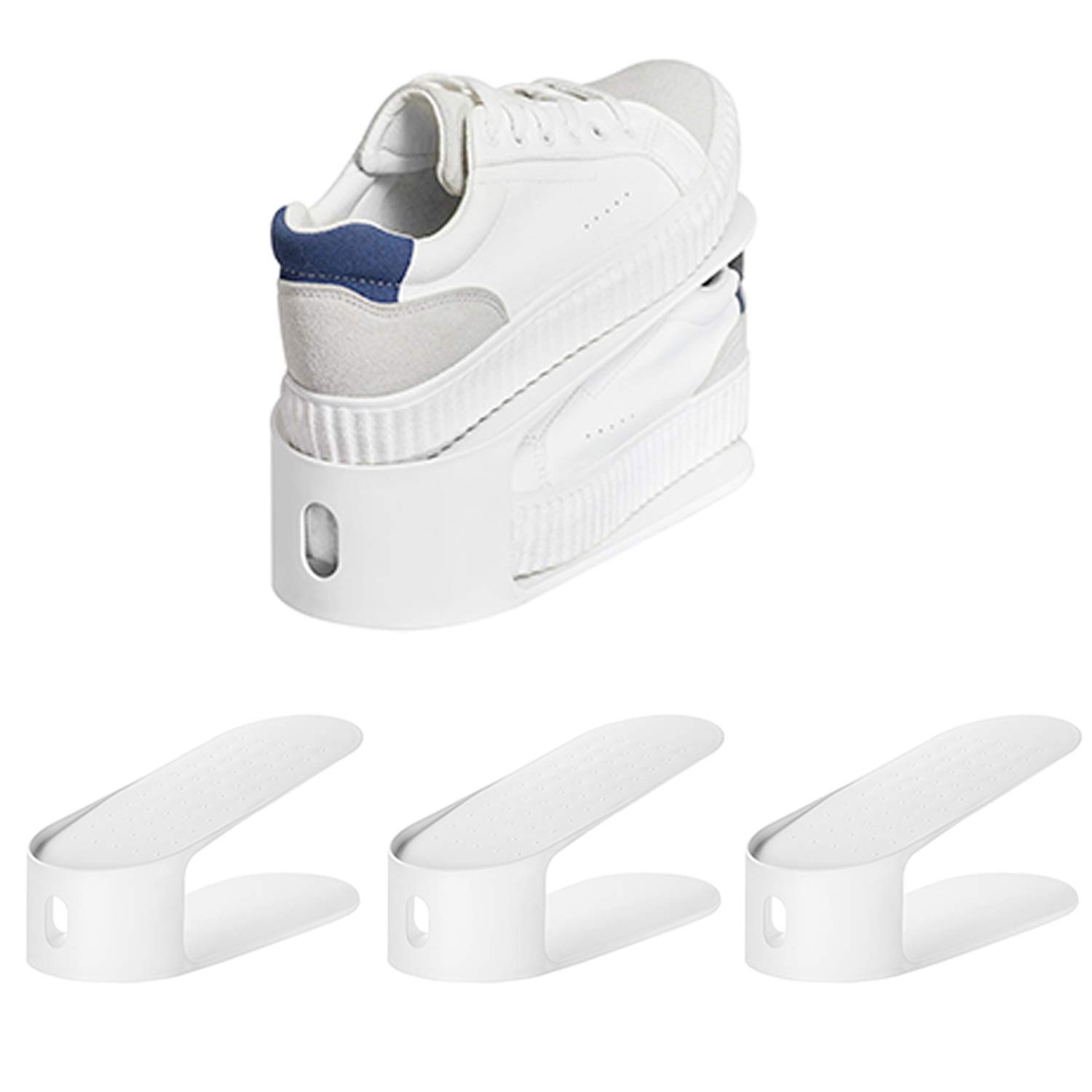 carrotez Shoe Organizer 3 Pack – [Litem] Space Saving Adjustable Shoes Organizer Rack for Closet – Easy Shoe Stacker for Sneakers, Sandals, Kids Shoes, 3.89''x 9.84''x 4.26'' (White, 3 Pack)