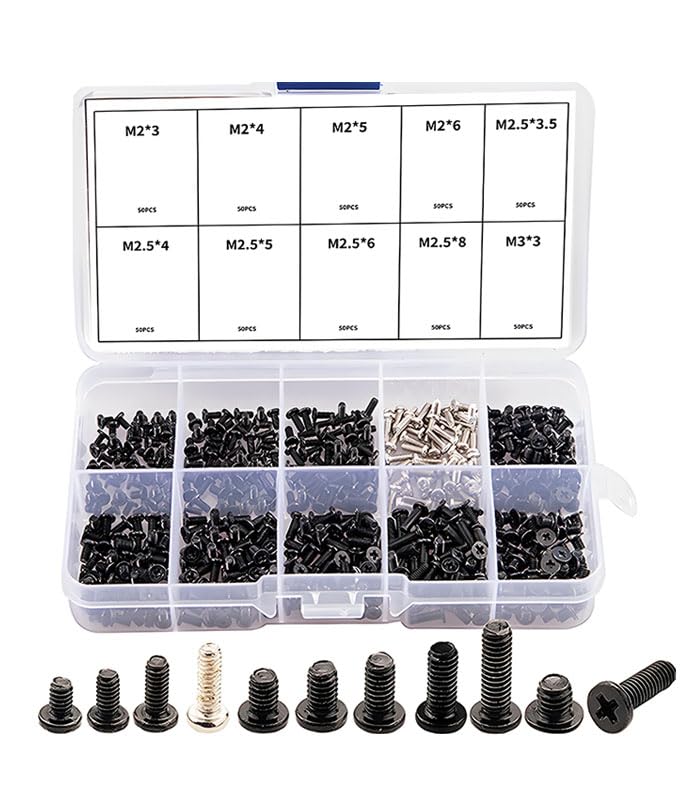 500pcs (10 Sizes) Laptop & Desktop Computer Carbon Steel Replacement Screw Assortment Kit M2 M2.5 M3 Flat Round Head Combo Set with Storage Box