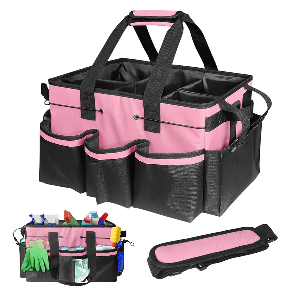 Hojalis Cleaning Caddy Bag with Handle, Large Cleaning Tote Bag Multi-Compartment with Detachable Divider, CleaningProducts Organiser, Adjustable CleaningProducts Caddy, for Home, Garden (Pink)