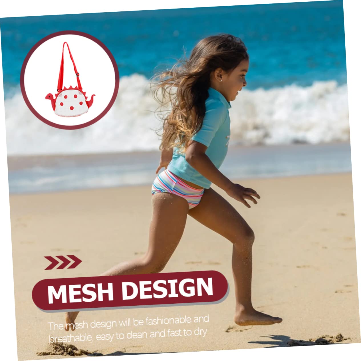 Kisangel Beach Bag Mesh for Kids Dinosaur Design Kids Beach Toys Storage Red Bag
