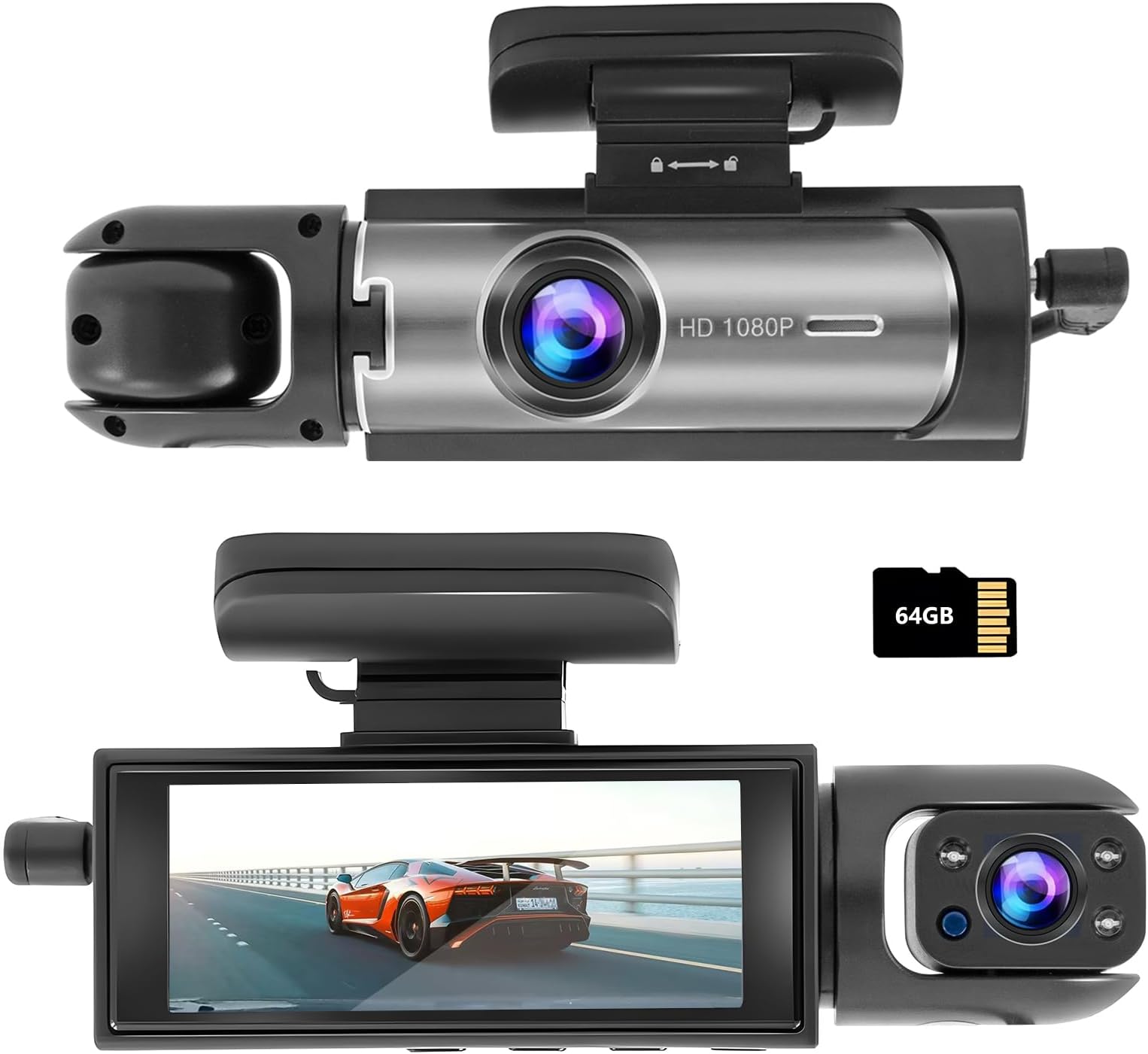 Dash Cam Front and Inside,Dash Camera for Cars 3.16inch Dash Cam 1080P,64G Card,G Sensor HD Night Vision Loop Recording Wide Angle Car DVR (Front&Inside+64G)