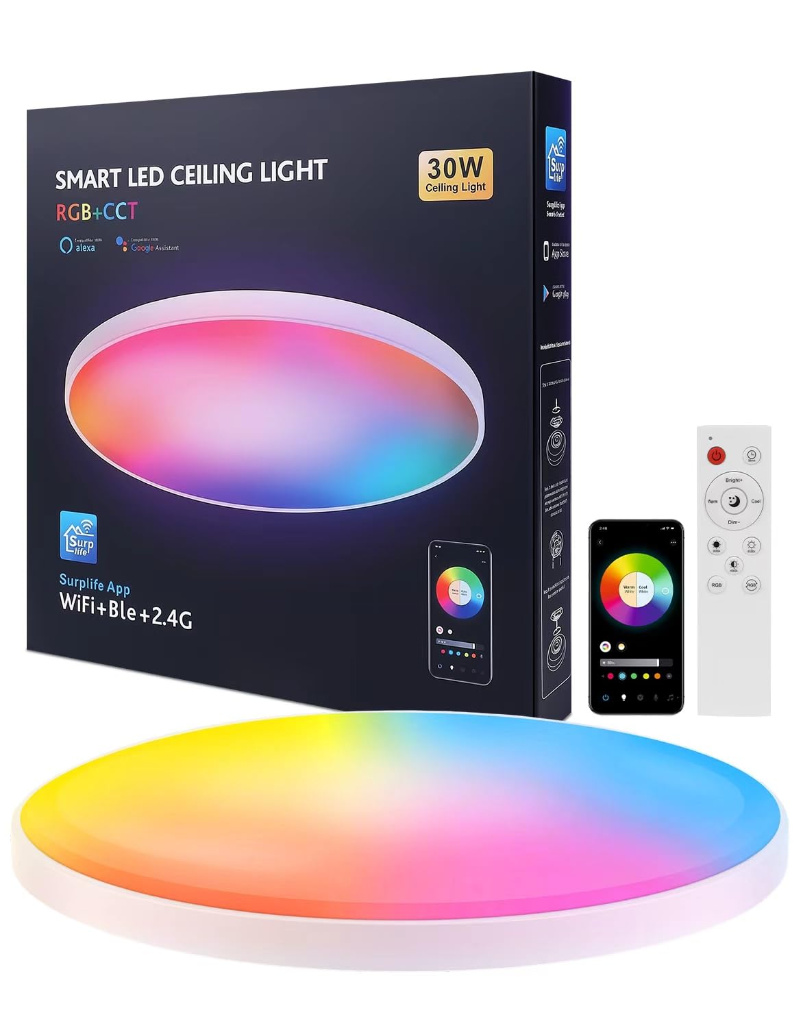 deckenleuchte led wohnzimmer 30W rgb deckenleuchte led dimmbar & Google Home 16 Millionen Farben, smart led deckenleuchte alexa kompatibel, Schlafzimmer, Küche,badezimmer