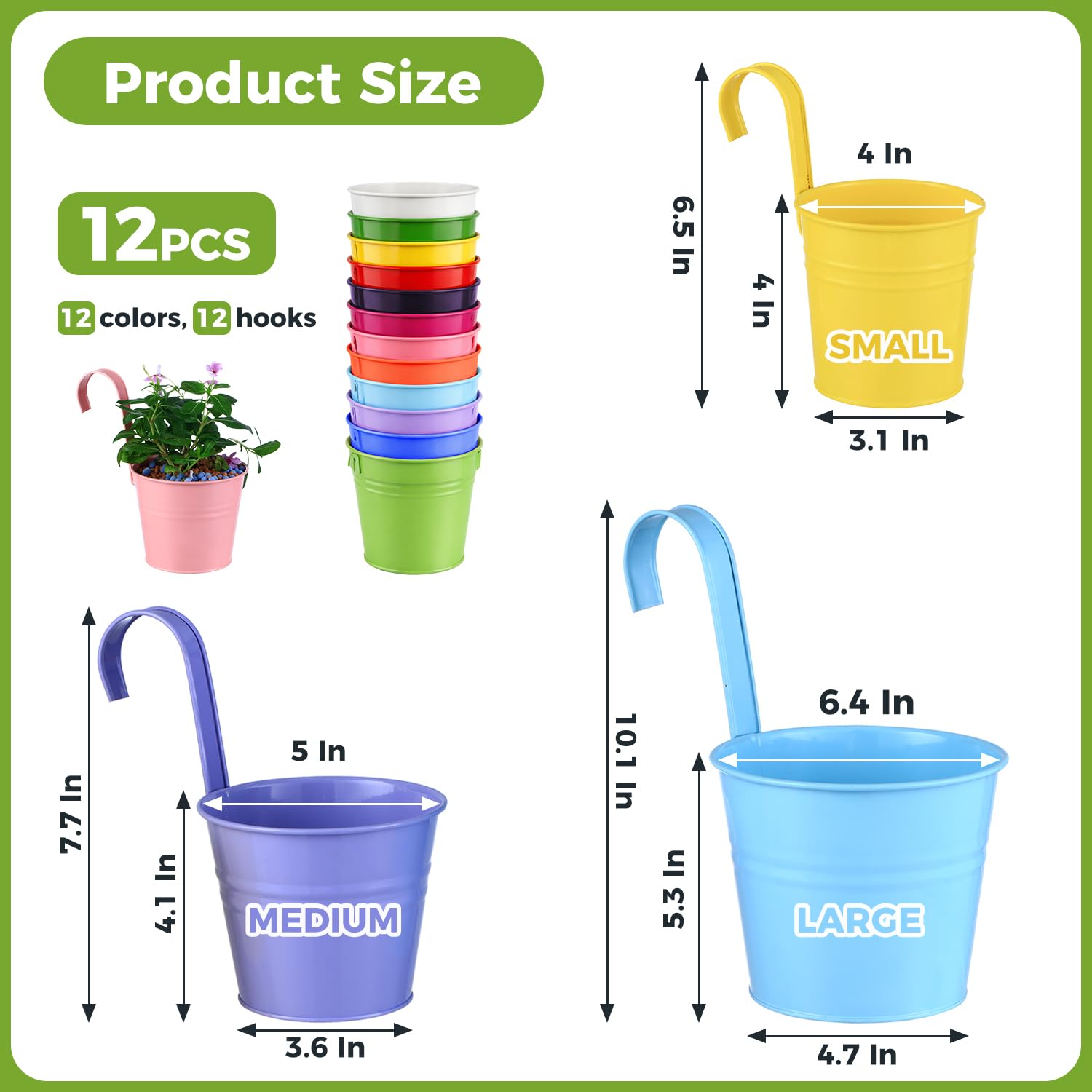 Paquete de 12 macetas colgantes para balcón, macetas coloridas de 6.4 pulgadas con agujeros de drenaje, soporte para plantas colgantes para interiores, macetas colgantes para exteriores