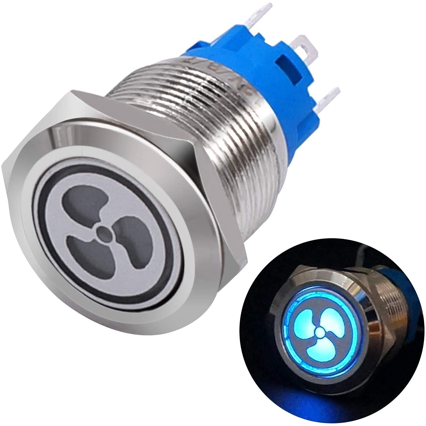 Commutateur 19mm LED bleu 12V avec contacteur 1NO 1NC étanche en acier argenté pour ventilation