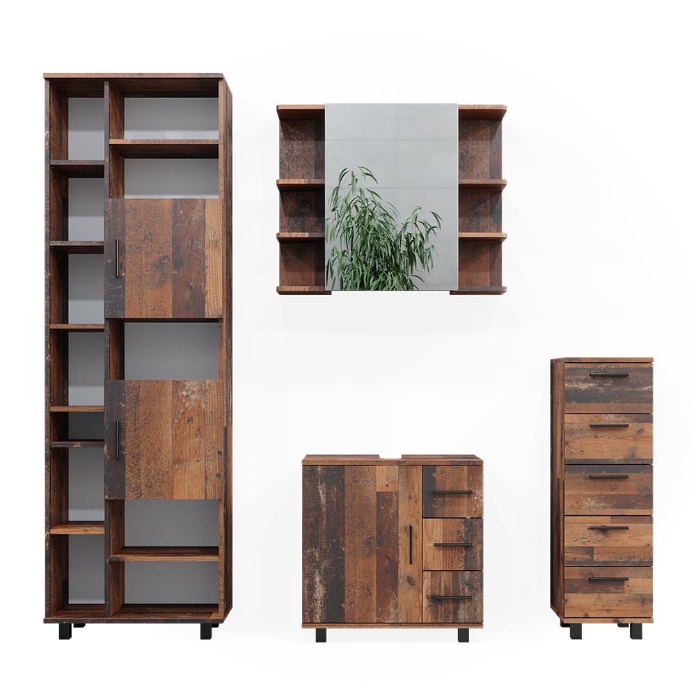 Vicco Badmöbel-Set Ilias – Eiche rustikal, 4-teilig (Badspiegelschrank, Waschbeckenunterschrank, Midischrank, Hochschrank)