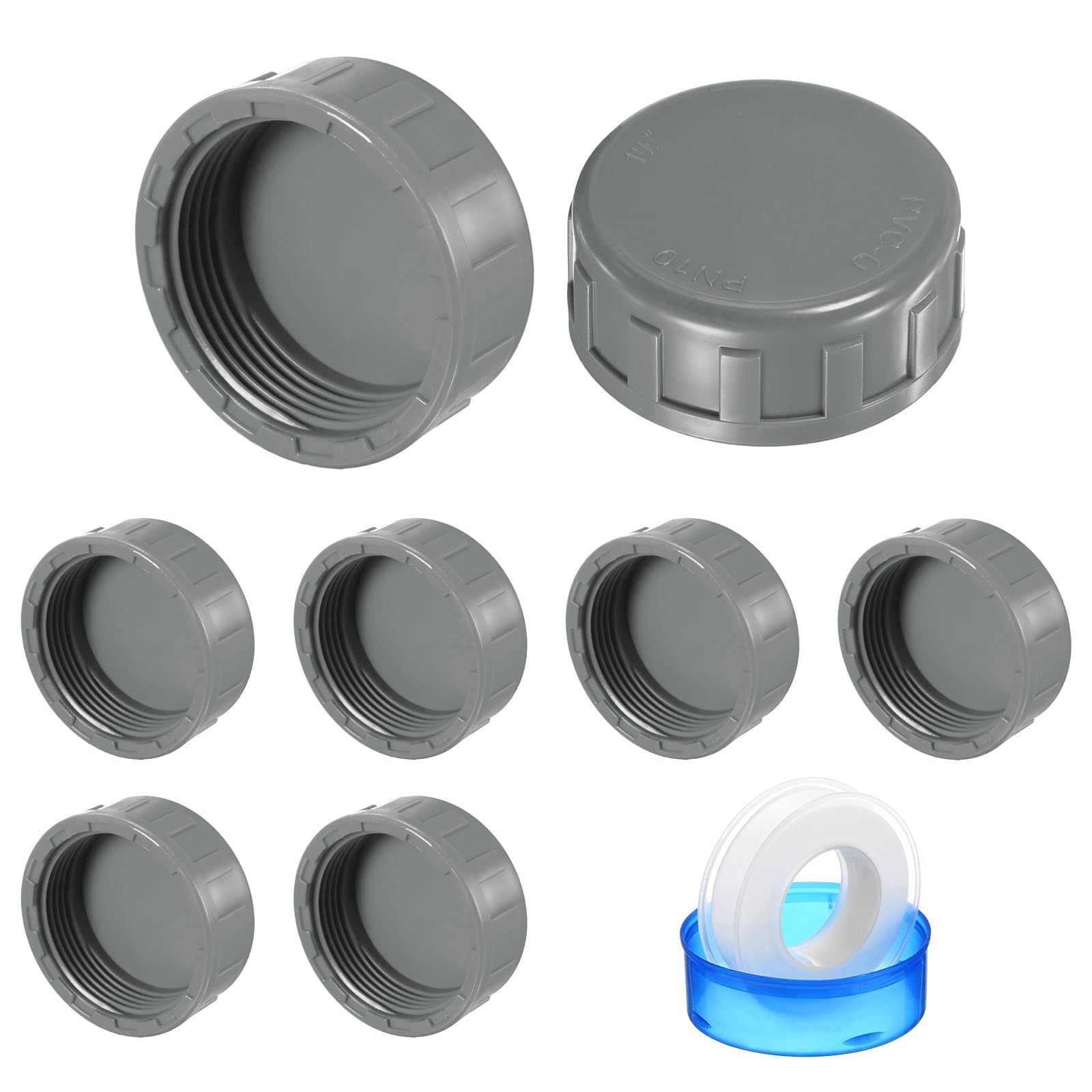 M METERXITY 8-Pack 1-1/2 Inch PVC Pipe End Cap Plug Adapter, Female Thread Water End Cap Connector with Sealing Tape for Yard/Watering Irrigation Systems, Inner Teeth End Pipe Plugs [Gray]