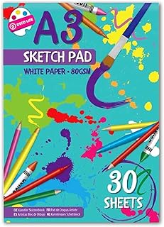 Deco Life® A3 Sketch Pad 80GSM Thick Drawing Paper Blank Colouring Book and Art Paper Easy to Use Doodle Pad Creative White Paper Back Card Cover A3 Drawing Book 30 Sheets (60 Pages) Drawing Paper A3