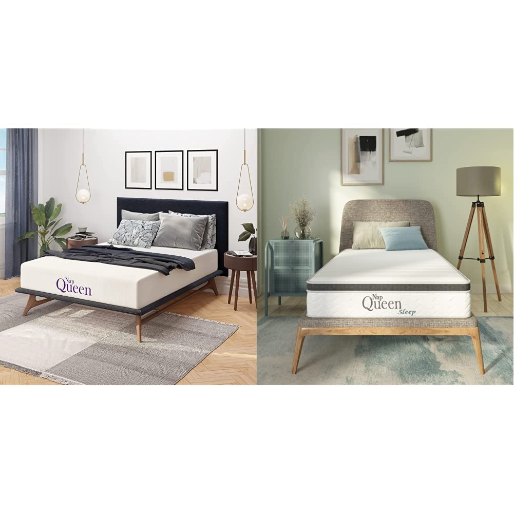 NapQueen 6 Inch Cooling Gel Twin Size Medium Firm Memory Foam Mattress, Bed in a Box & 8 Inch Maxima Hybrid Mattress, Twin Size, Cooling Gel Infused Memory Foam and Innerspring Mattress,White & Gray