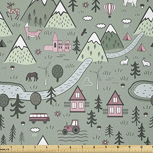 Image of Ambesonne Landscape Fabric by The Yard, Scandinavian Theme Inspired Image with Rural and Forest Elements, Stretch Knit Fabric for Clothing Sewing and Arts Crafts, 2 Yards, Pale Reseda Green and Rose