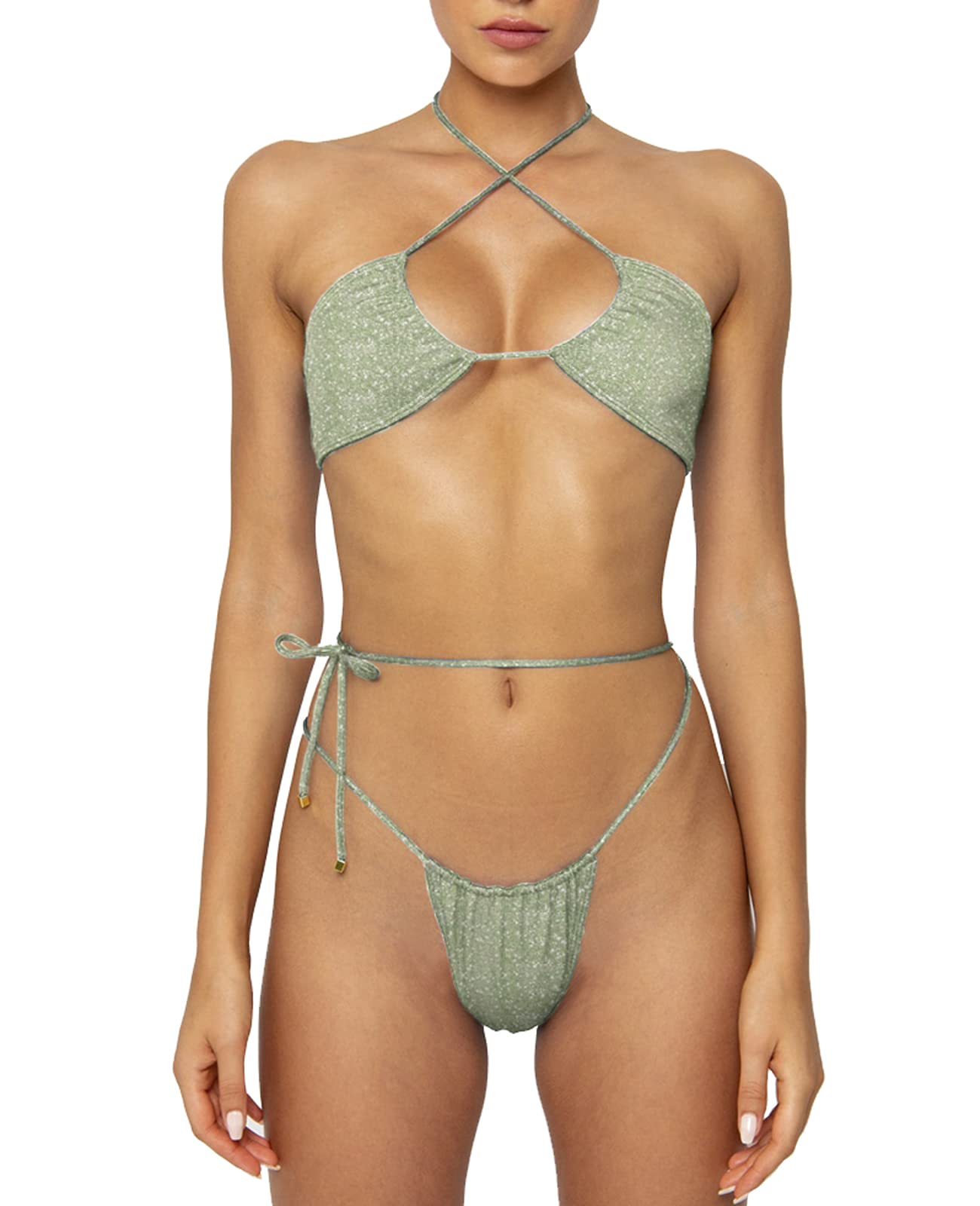 Ensemble bikini coquin pour femme - Couleur unie - Cordon cintré réglable - Deux pièces - Maillot de bain brésilien triangle