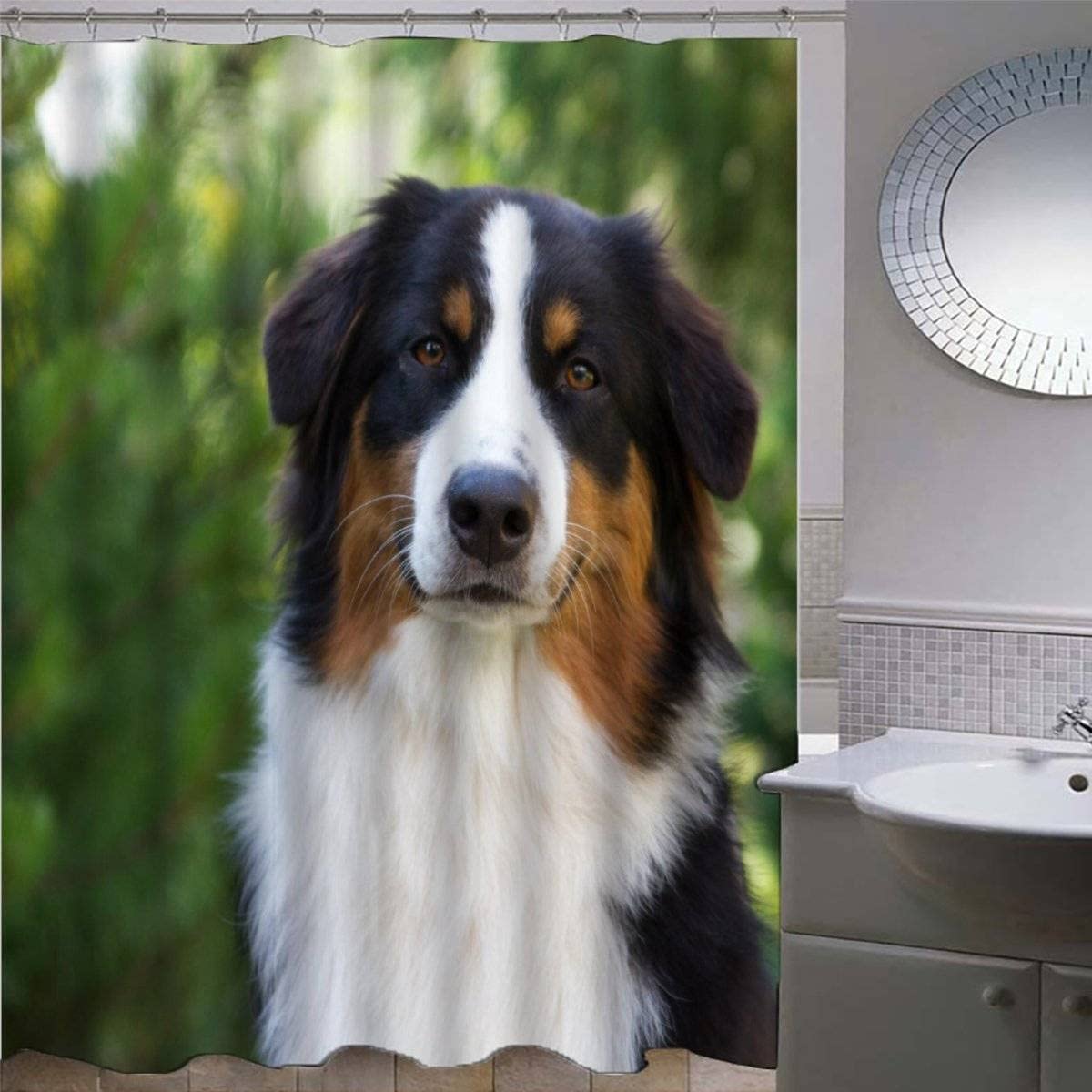 3D Printed Australian Shepherd Animal Dog Shower Curtains with 12 Hooks, Green Black Grey White Weighted Shower Curtain 200x200 Art Deco Luxury Shower Curtain with Eyelets