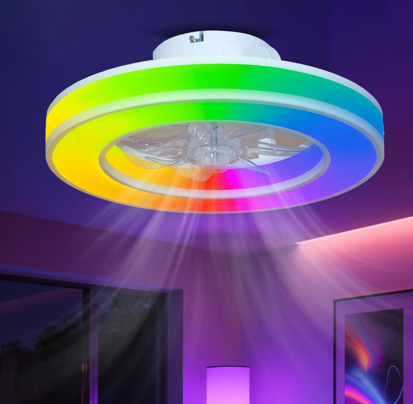 SXDMOUBK 45cm Round Ceiling Fans with Lights,Silent,Reversible,Fan Lights Ceiling for Bedroom,6 Speeds,RGB Ceiling Fan,Timer with Remote Control,Reversible Memory,Dimmable,Playrooms Children's Rooms