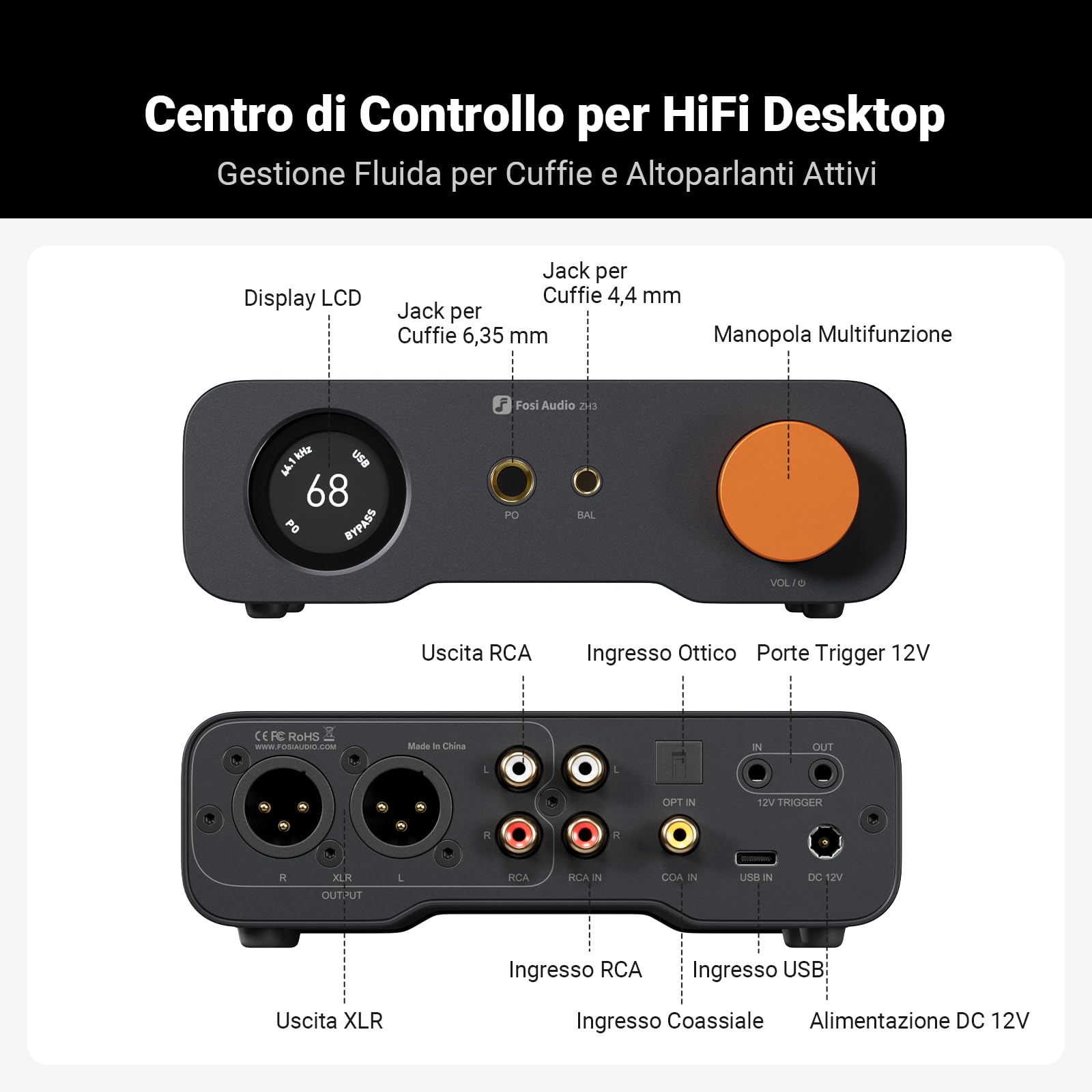 Fosi Audio ZH3 DAC HiFi Amplificatore per Cuffie, Preamplificatore Bilanciato con AKM4493SEQ XMOS XU316 PCM 768kHz per amplificatori, Ingresso USB/ottico/COAX/RCA/12V, Uscita XLR/RCA/4,4/6,35mm