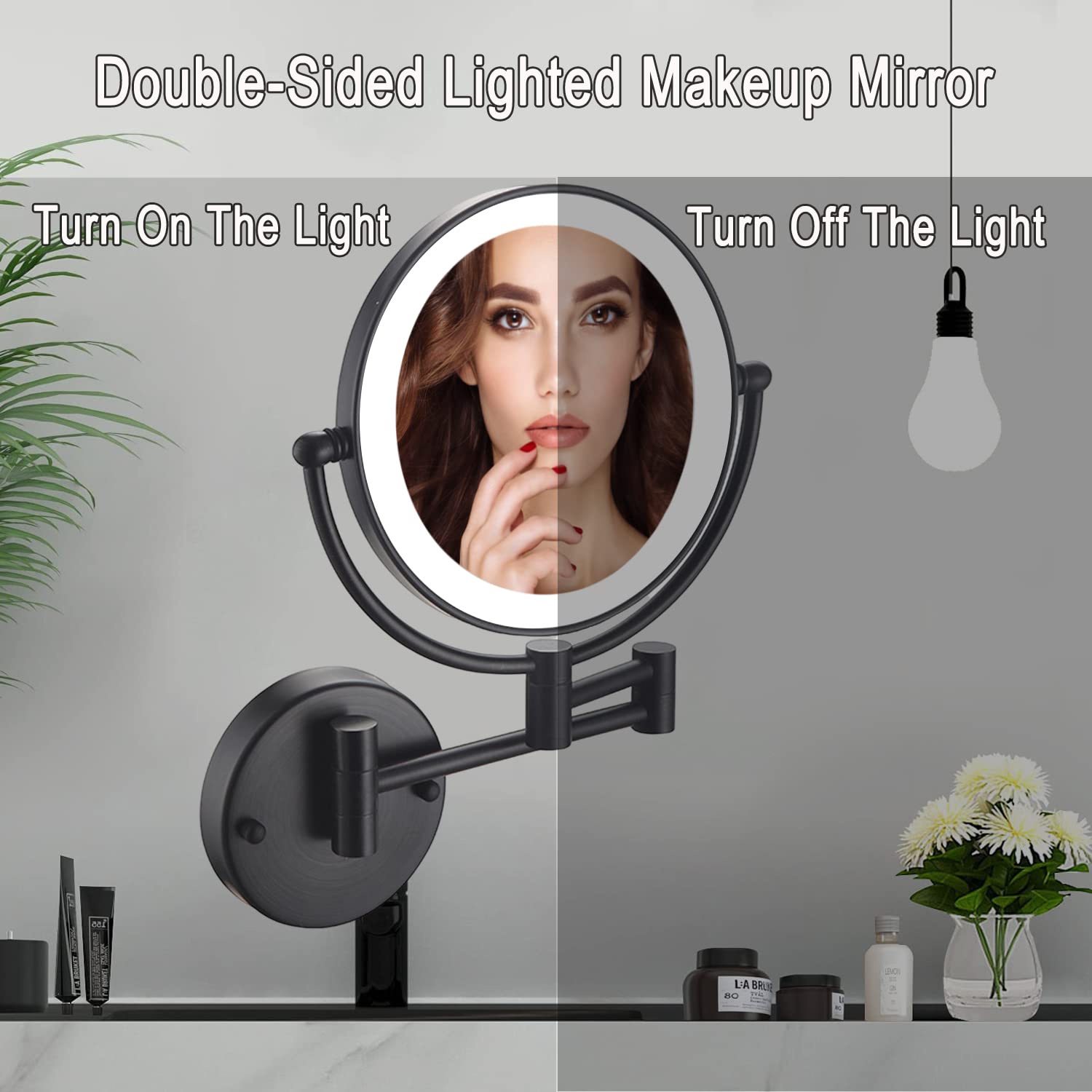 Espejos Maquillaje con Luz, 8 Pulgad Negro Espejo Aumento Pared 360 Rotación Espejo Extensible Baño Brillo Regulable Espejo Cosmetico Espejo Ducha con Interruptor Táctil